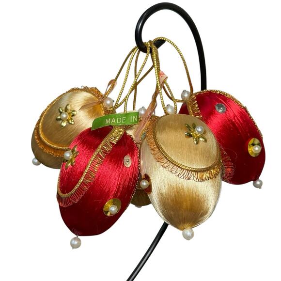 5 Vintage Satin Embellished Beaded Sequin Ornaments Japan Made 2" Teardrop Egg - Picture 1 of 8